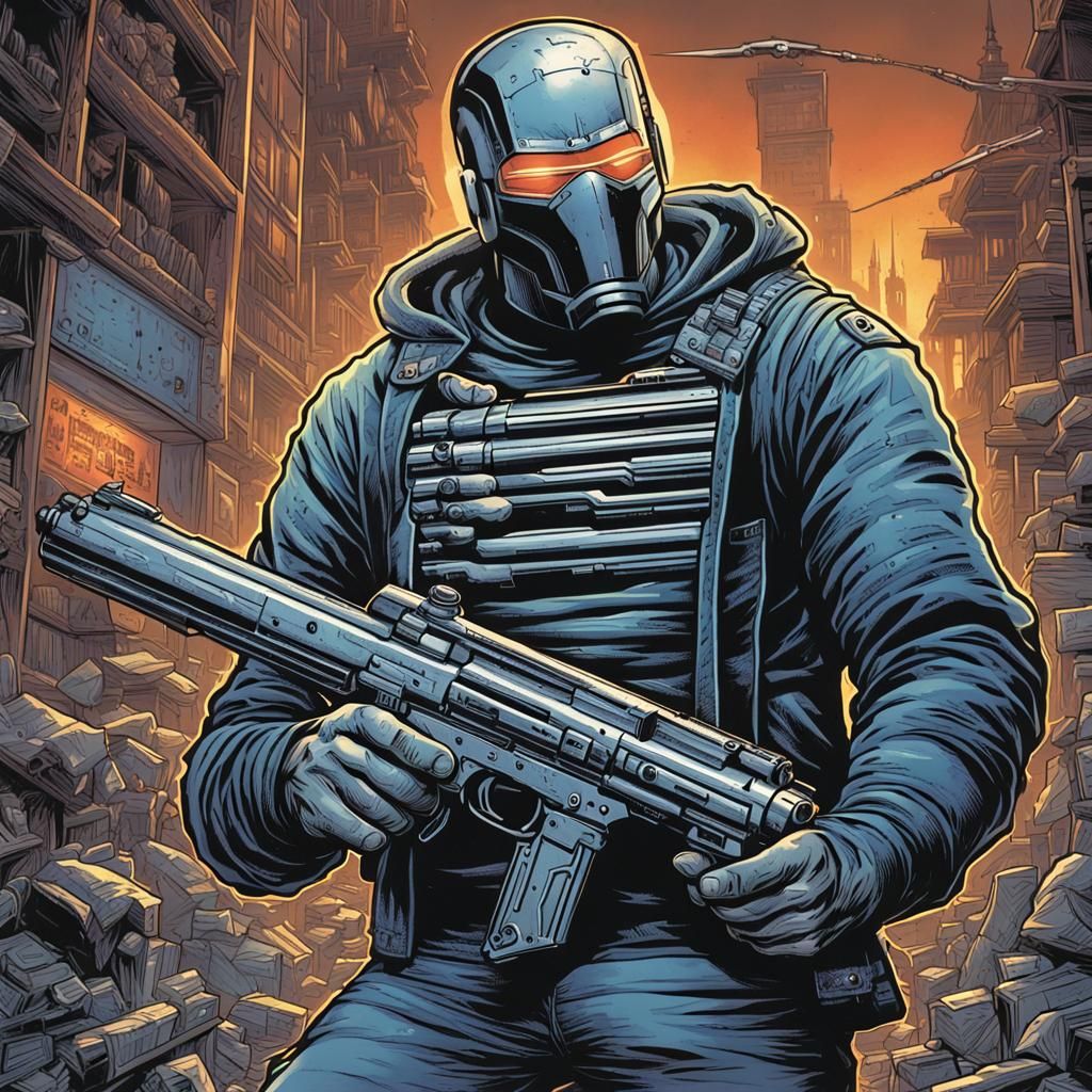 Iron Headed Character with Gun in Comic Book Style