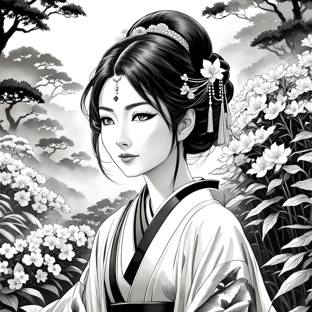 Geisha Girl with Cat in Ink Brush Style