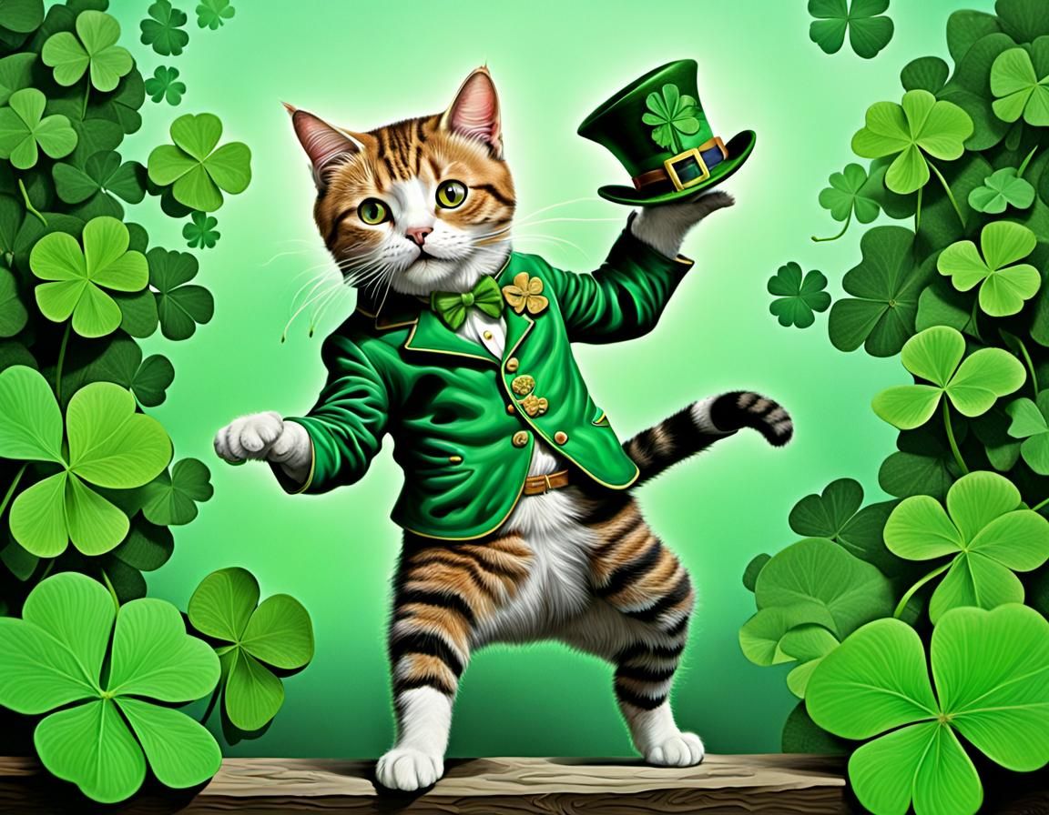 Cat Dancing with Leprechaun on Clover