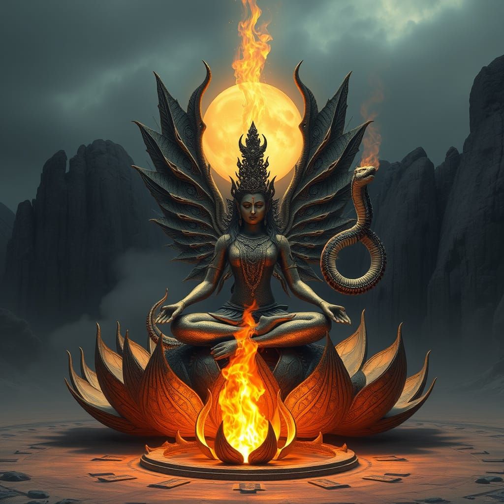 Surreal Mystic Seer Embracing Fiery Serpent in a H.R. Giger-...