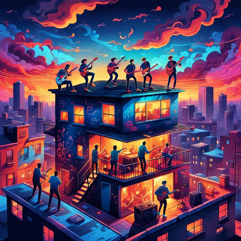 Band on Rooftop in Graffiti-Inspired Psychedelic Style