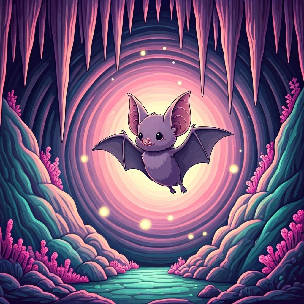 Mauve Bat in Mystical Iridescent Cave, Watercolour Style