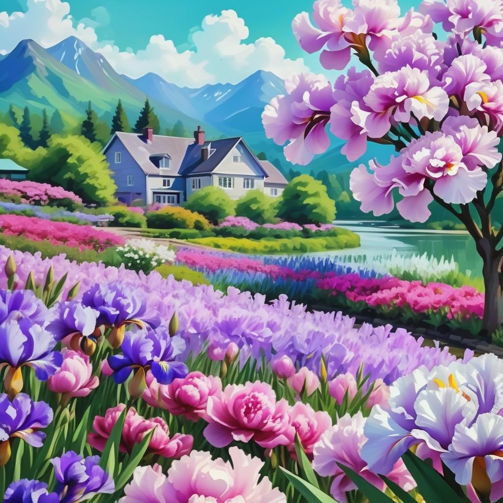 Blooming Iris and Peony Flowers in Chromatic Aberration Styl...