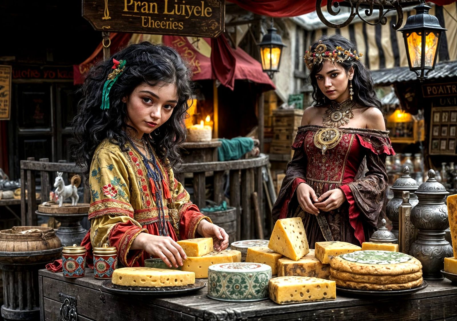 Gypsy Girl Sells Cheese at European Market