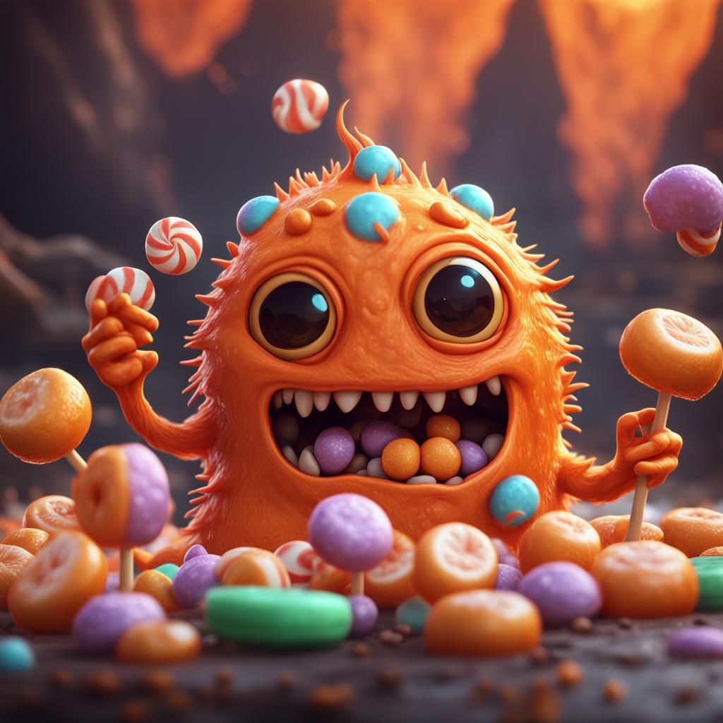 Cute Orange Monster Eating Candy: Fantasy Concept Art