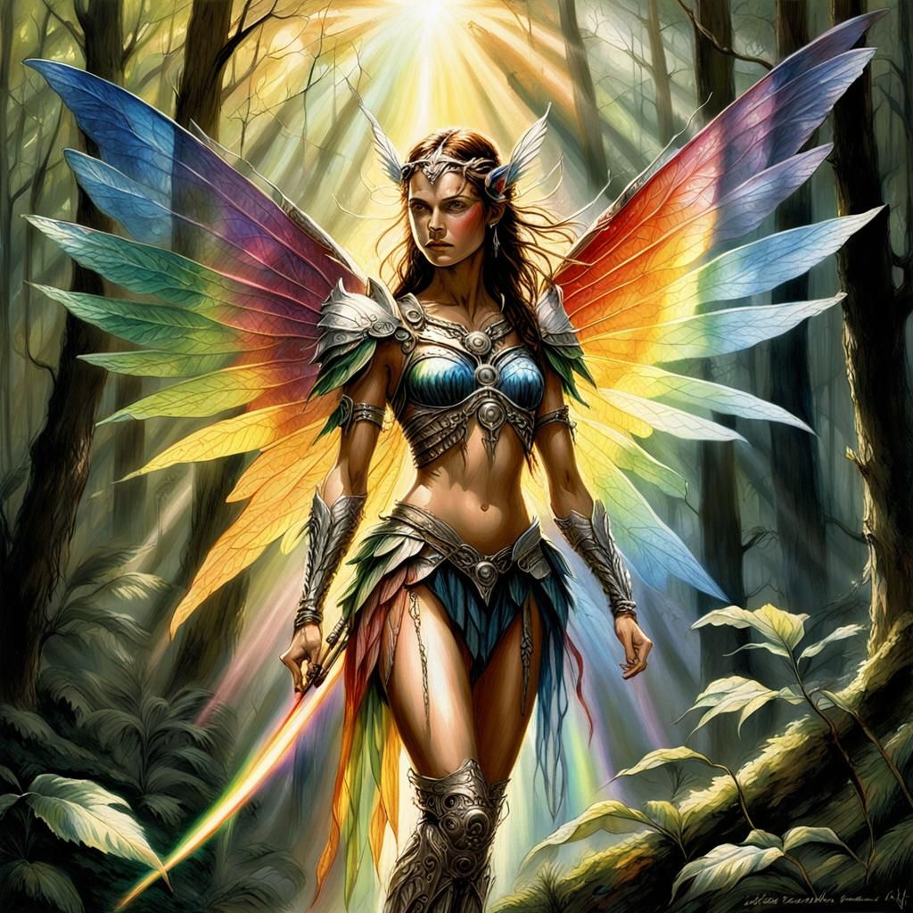Rainbow Fairy Warrior in Forest, Oil Sketch Style