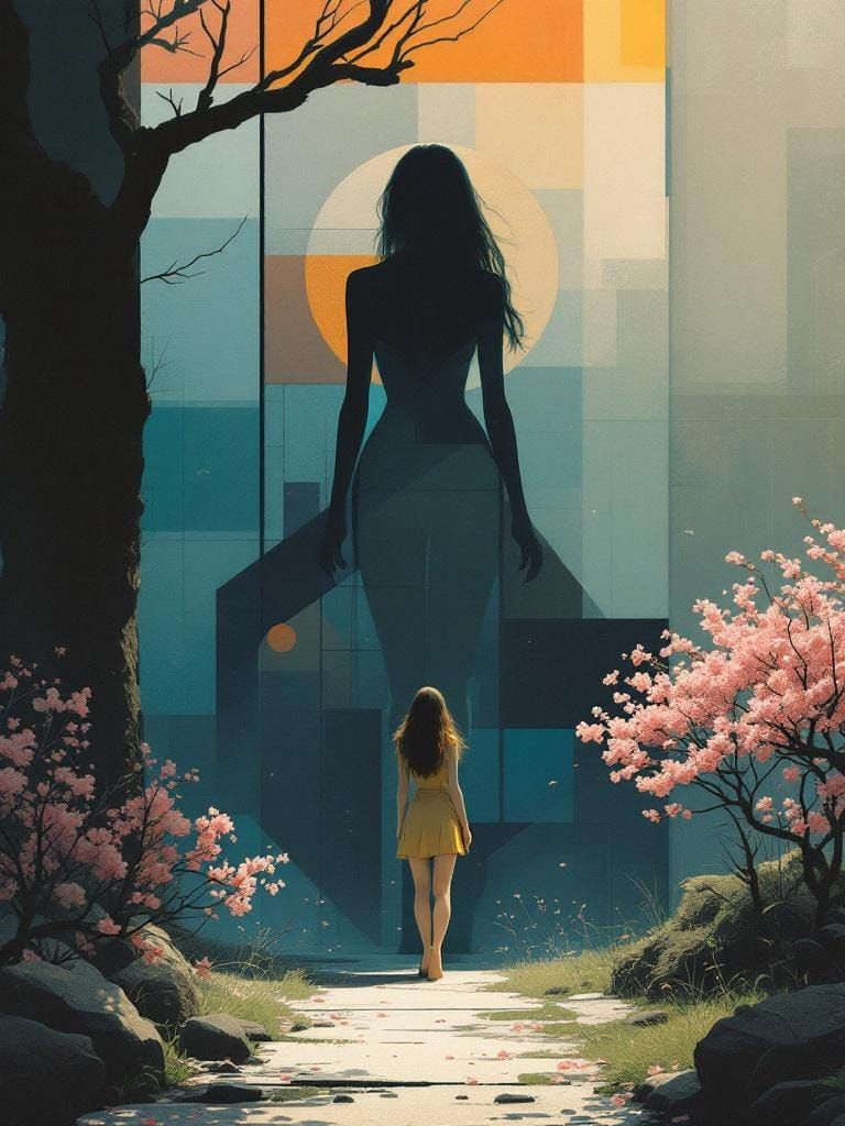 Abstract Pin-Up in Retro Garden, Stålenhag and Wood Style