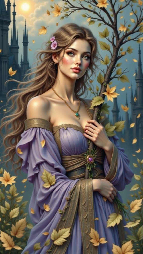 Goddess in Purple Amidst Falling Leaves in Gothic City