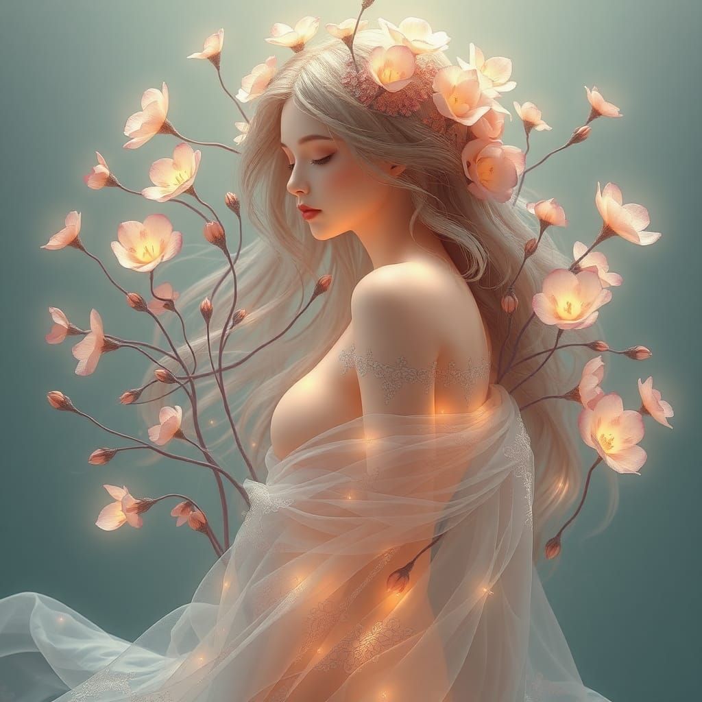 Ethereal Flower Woman in Art Nouveau Style