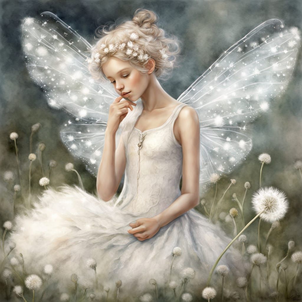 Tiny Fairy on Dandelion Seed Head, Ready for Flight