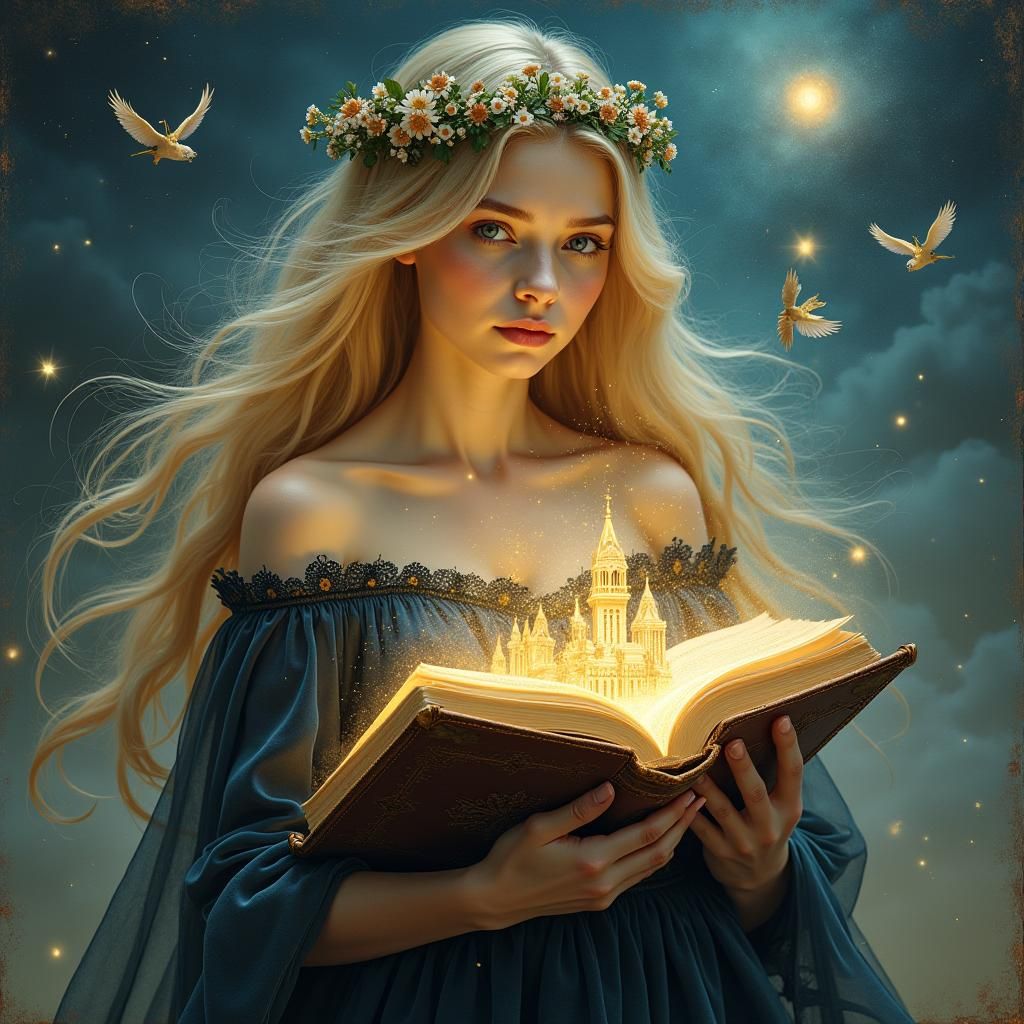 Enchanted Maiden with Magical Book in Cosmic Landscape