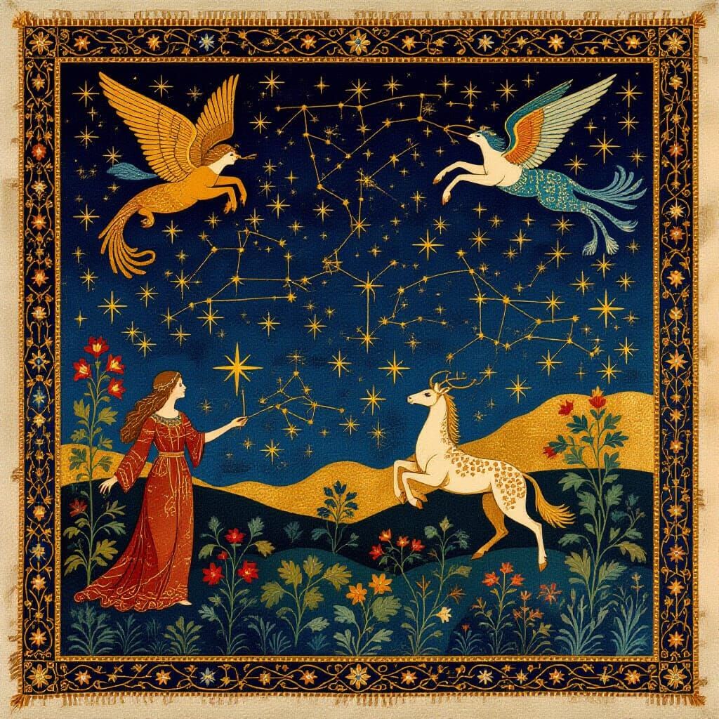 Ancient Tapestry Night Sky with Mythic Creatures and Constel...