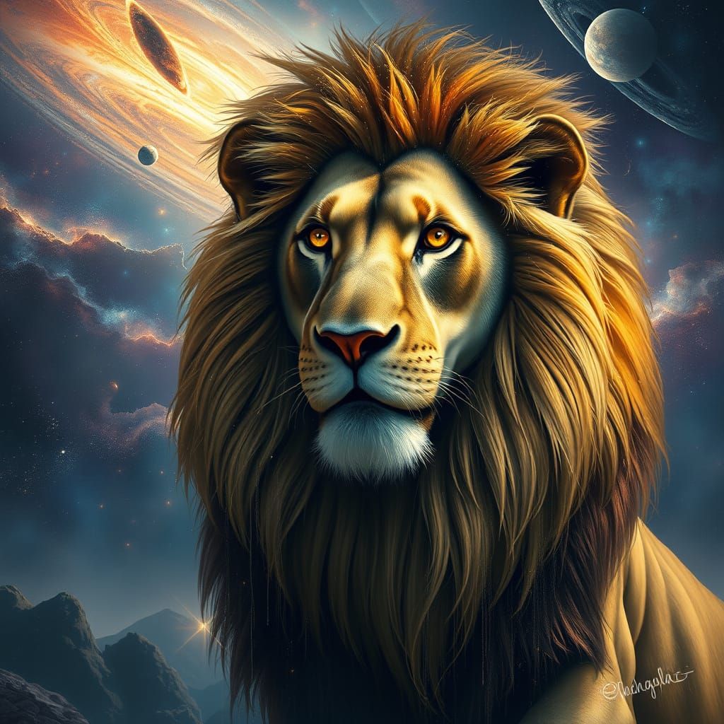 Lion Among Celestial Wonders in Cosmic Landscape