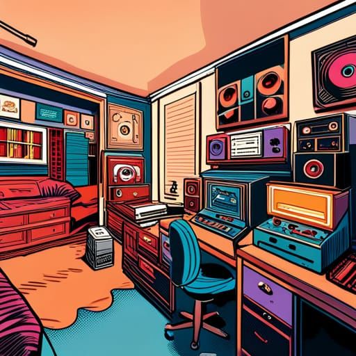 80's Bedroom with Turntable in Comic Book Art Style