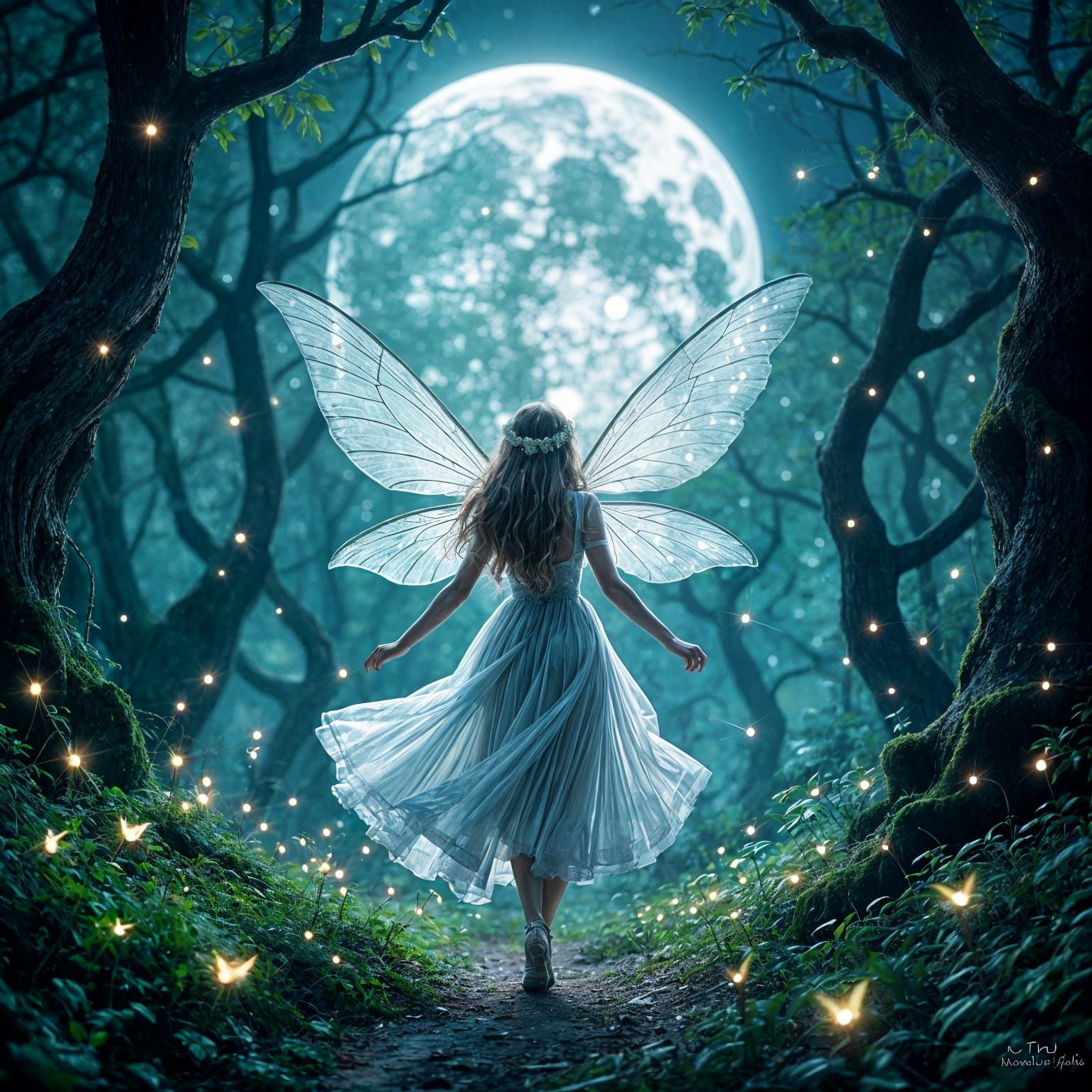 Magical Moonlit Dance of Fairy and Moths