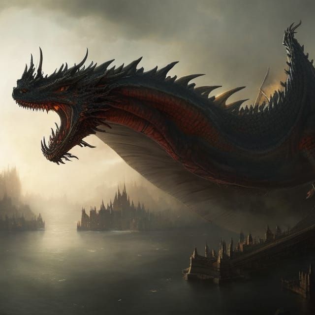 Epic Dragon Over Lake City: Detailed Concept Art
