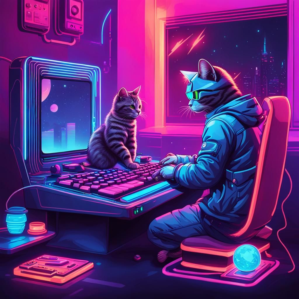 Cat Plays Game in Synthwave Neon Style