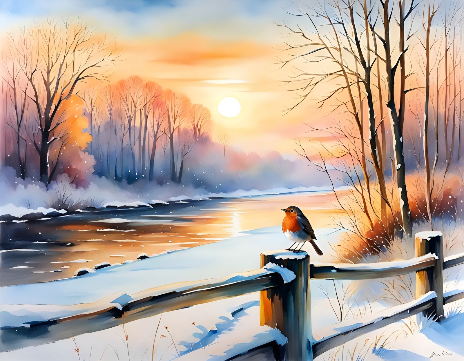 Watercolor Winter Landscape with Robin