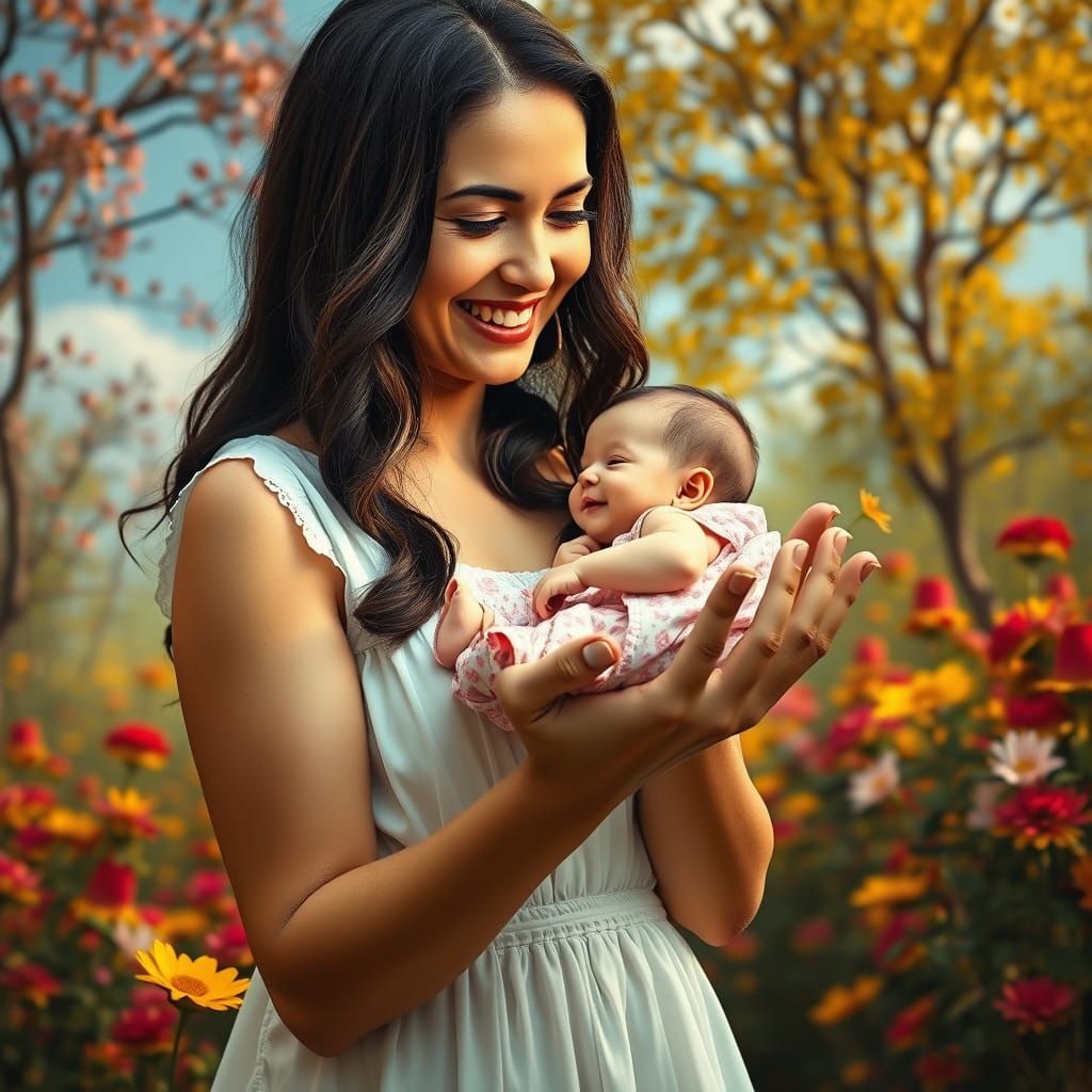 Giant Woman Cradles Baby Among Vibrant Flowers