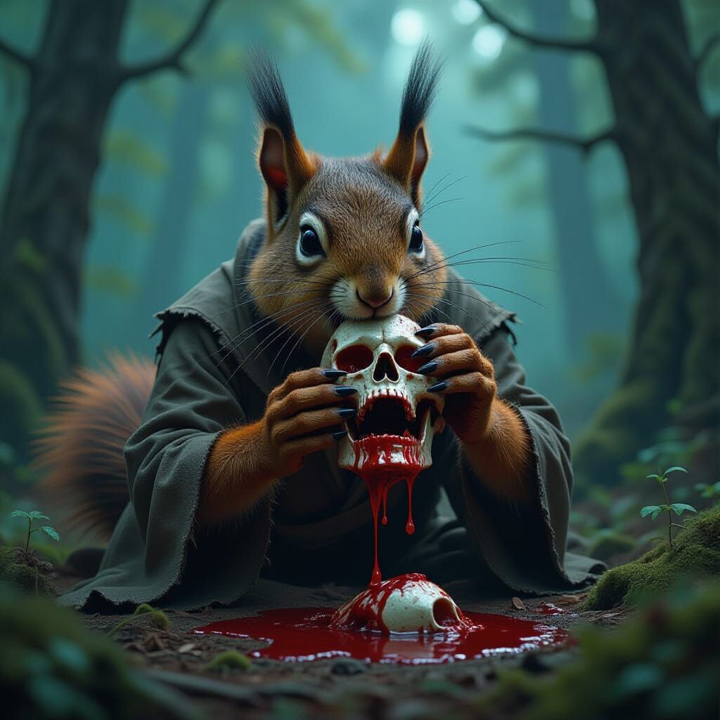 Were-Squirrel Feast in Mystical Forest, Dreamlike Art