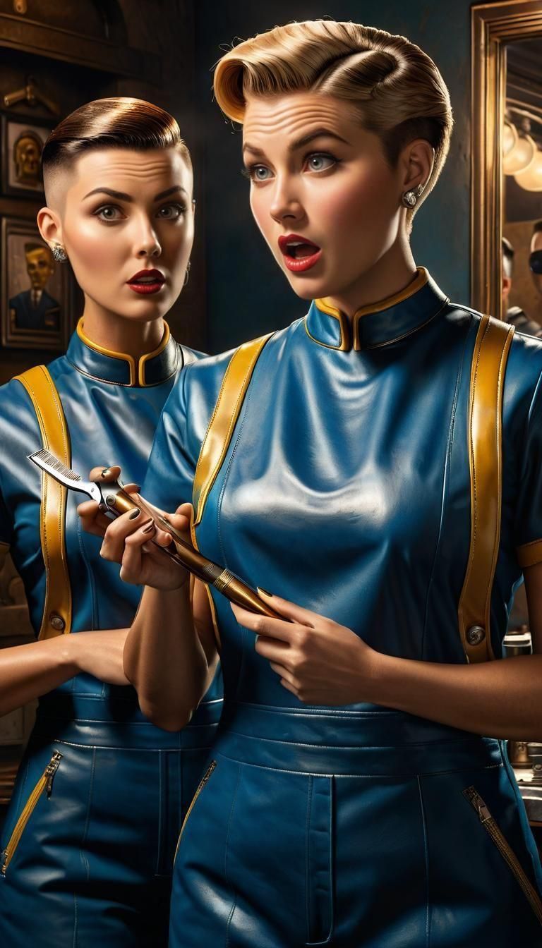 Surprised Barber Girl Shaves Vault Boy Beard