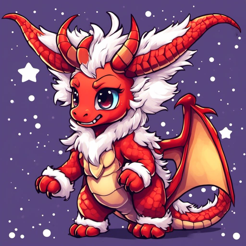 Christmas Chibi Dragon with Fluffy Fur and Open Wings