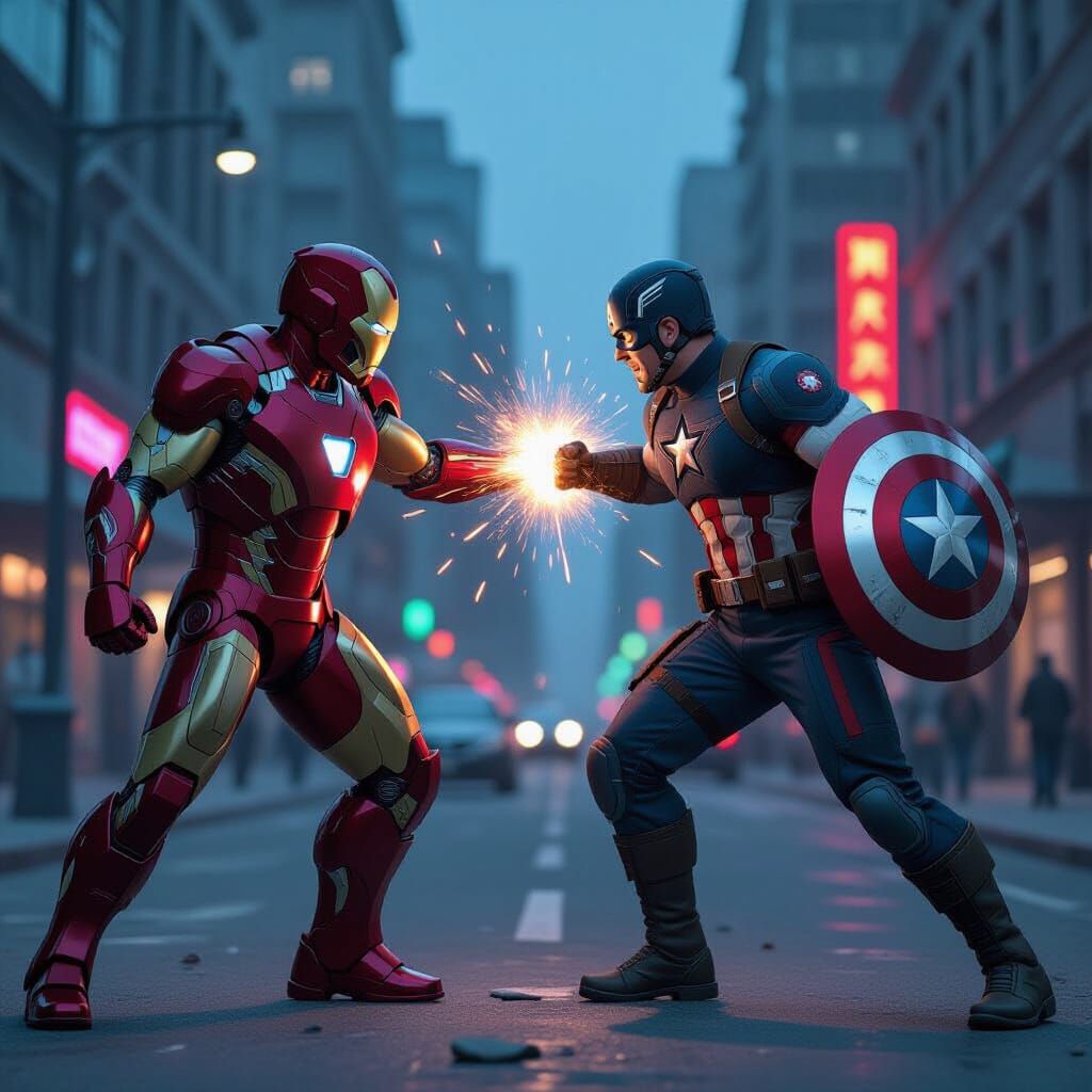 Iron Man vs Captain America: Dystopian Neon City Fight