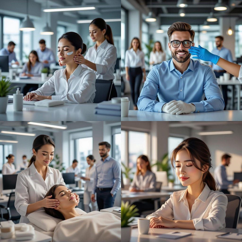 Office Worker Receives Facial Treatment At Desk