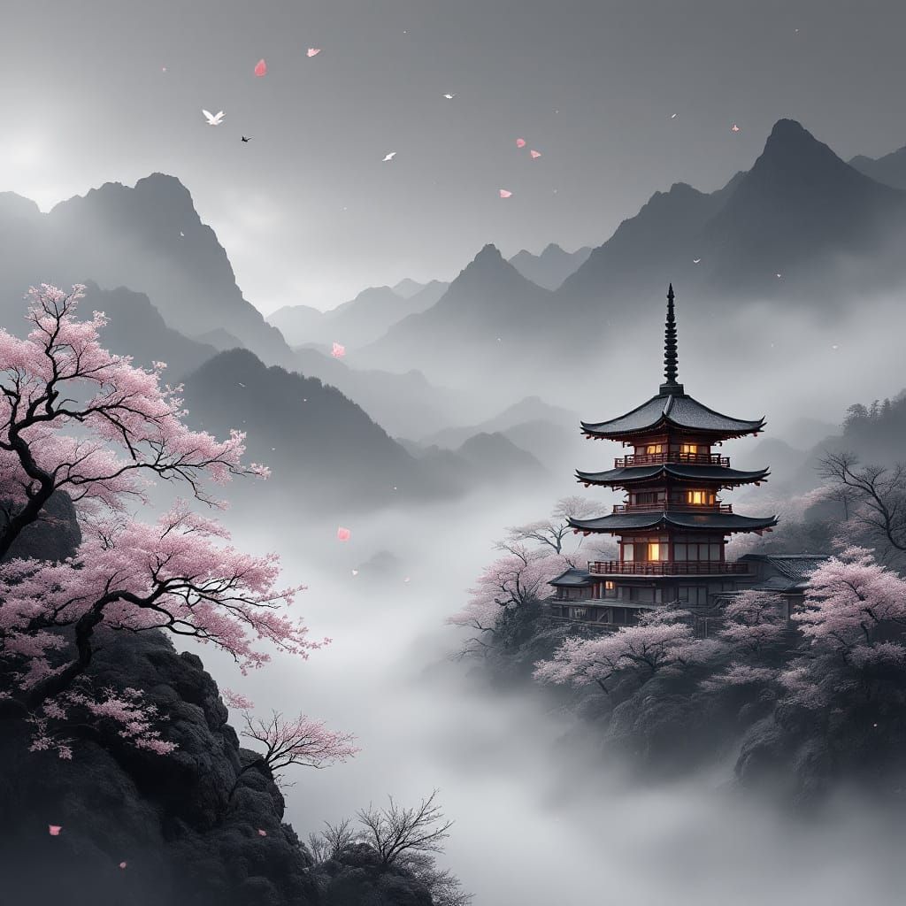 Japanese Pagoda in Foggy Valley - Ink Wash Style