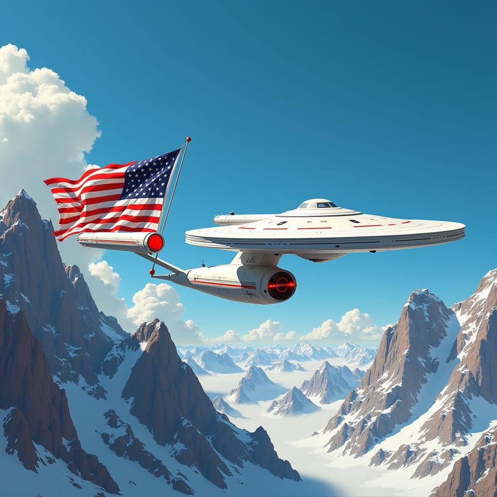 Starship Enterprise Soaring Over Mountains with American Fla...