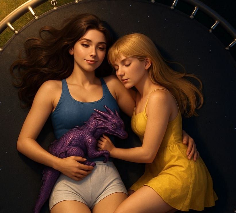Serene Night Scene: Women and Dragon on Trampoline