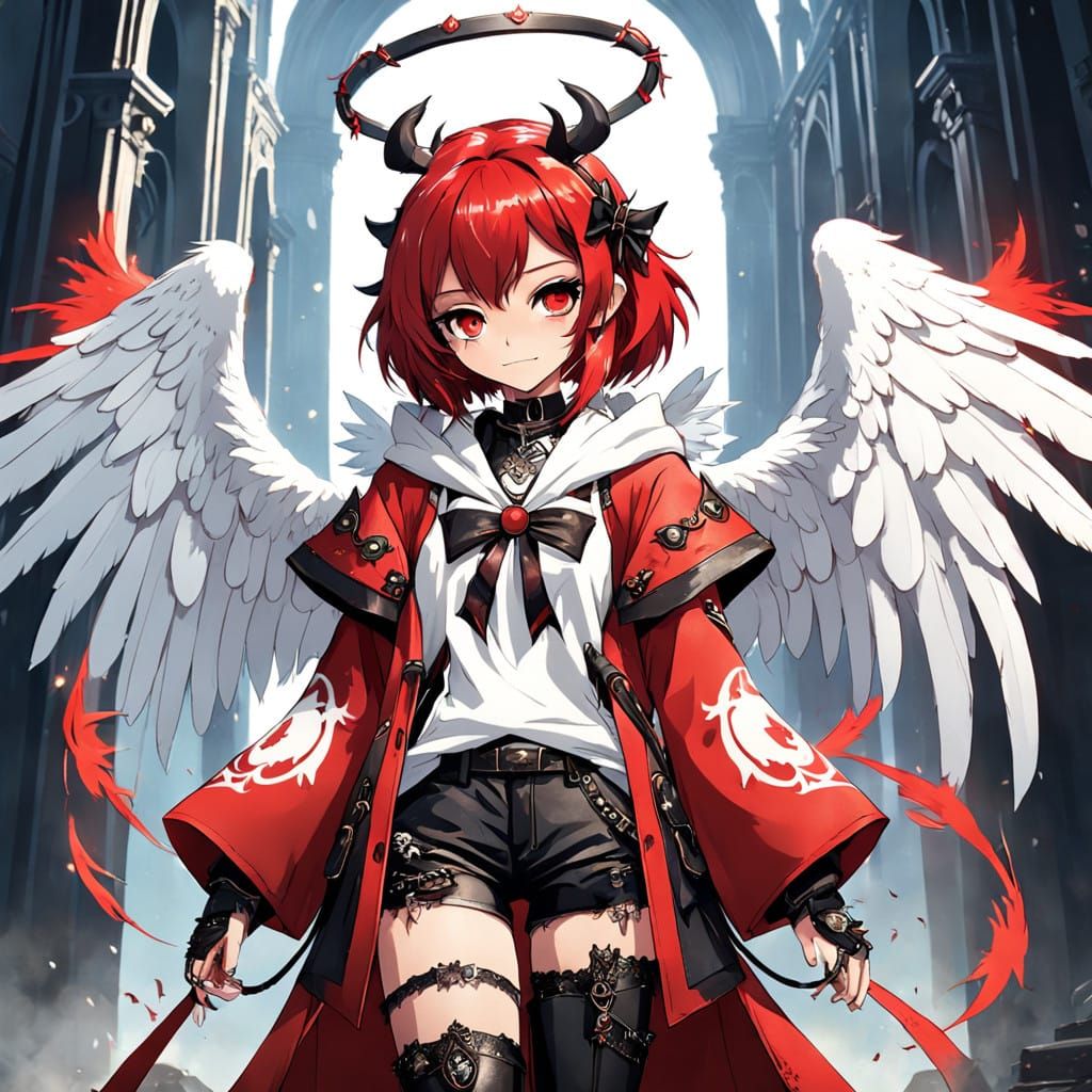 Surreal Angel Girl with Devil's Horns and Wings in Anime Sty...