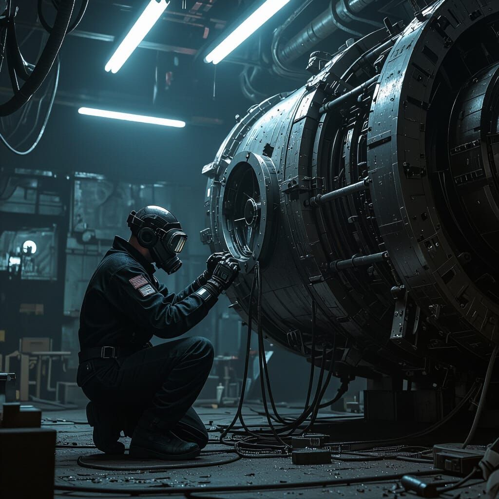 Cyborg Mechanic Repairs Derelict Starship Engine