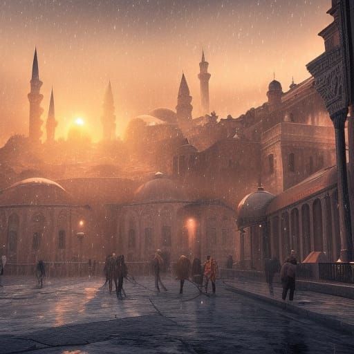 Snowy Sunset Over Istanbul: Fantasy Concept Art