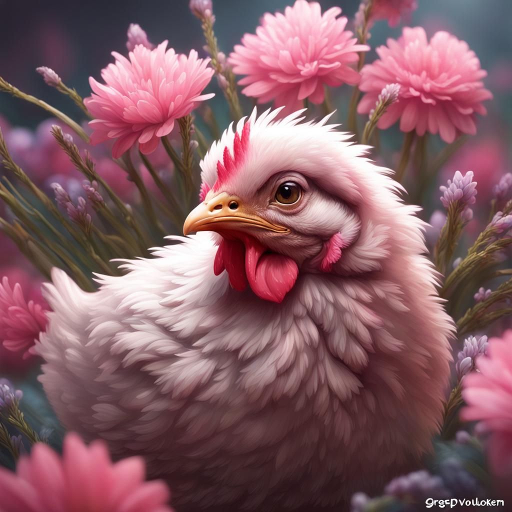 Baby Chicken with Pink Flowers: Hyperdetailed Portrait