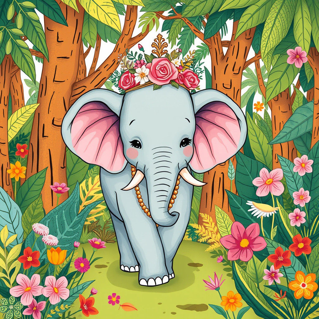 Elephant with Lady Face in Doodle Style Jungle