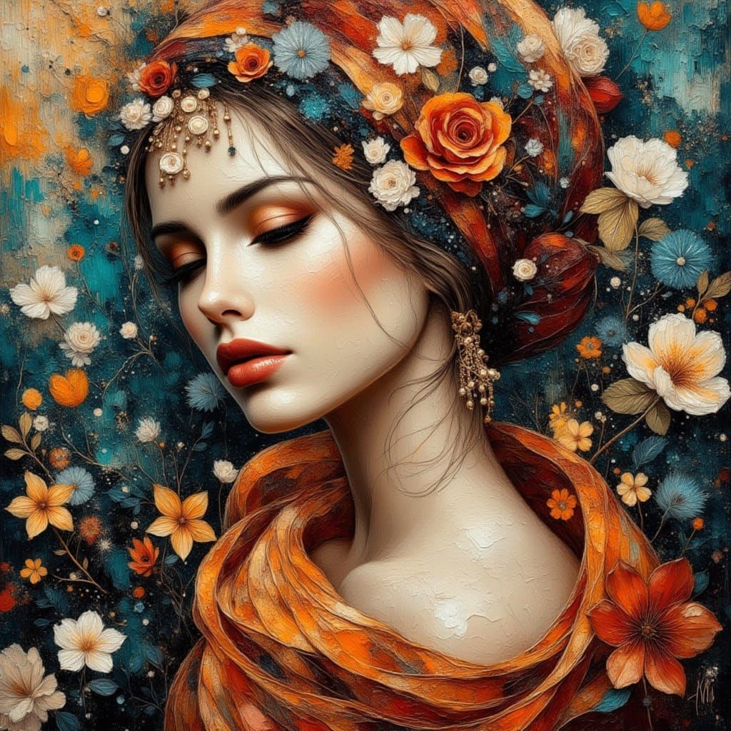 Beautiful Roman Lady in Floral Wonderland as Impasto Paintin...