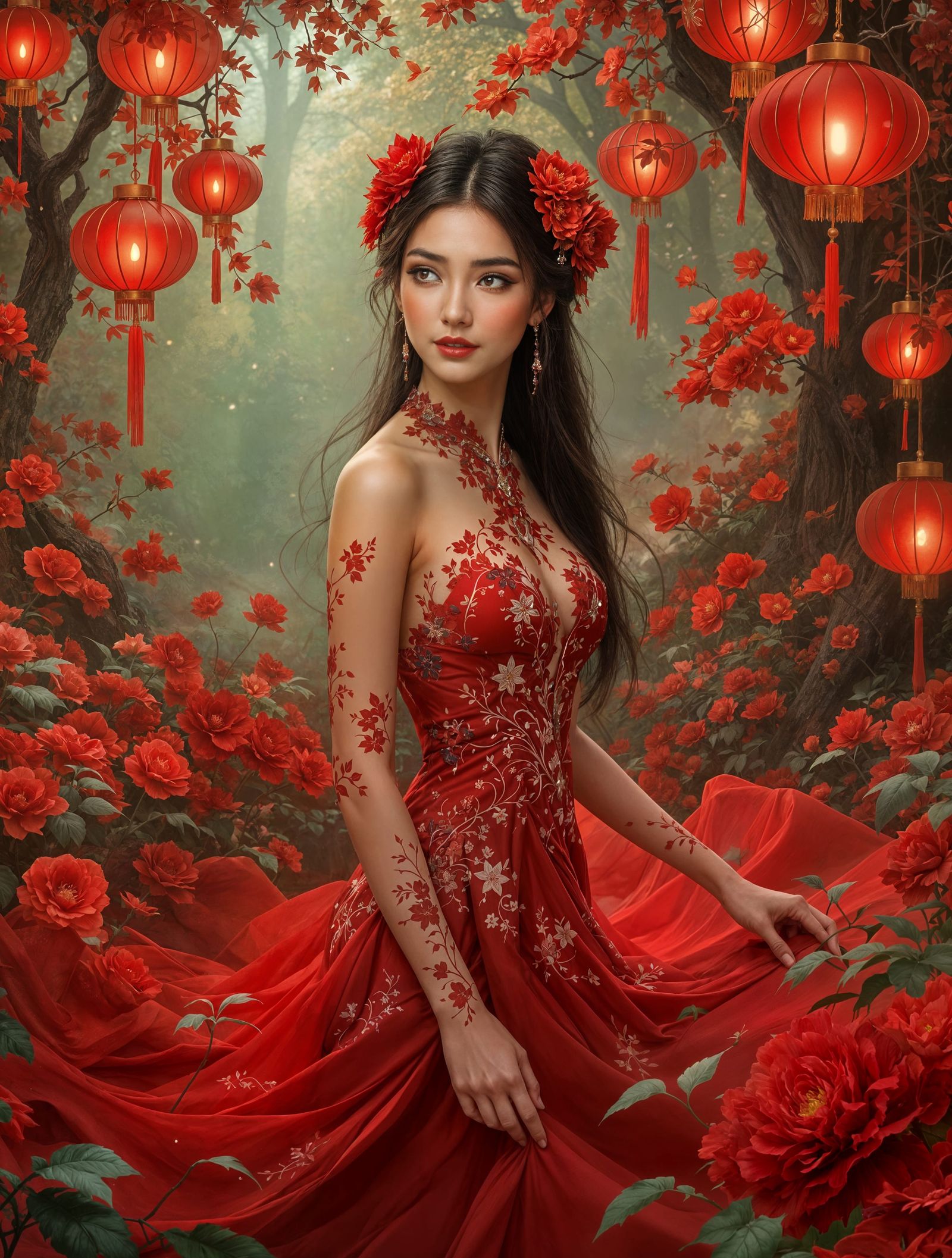 Surrealistic Crimson Garden Scene in Near-Hyperrealistic Sty...