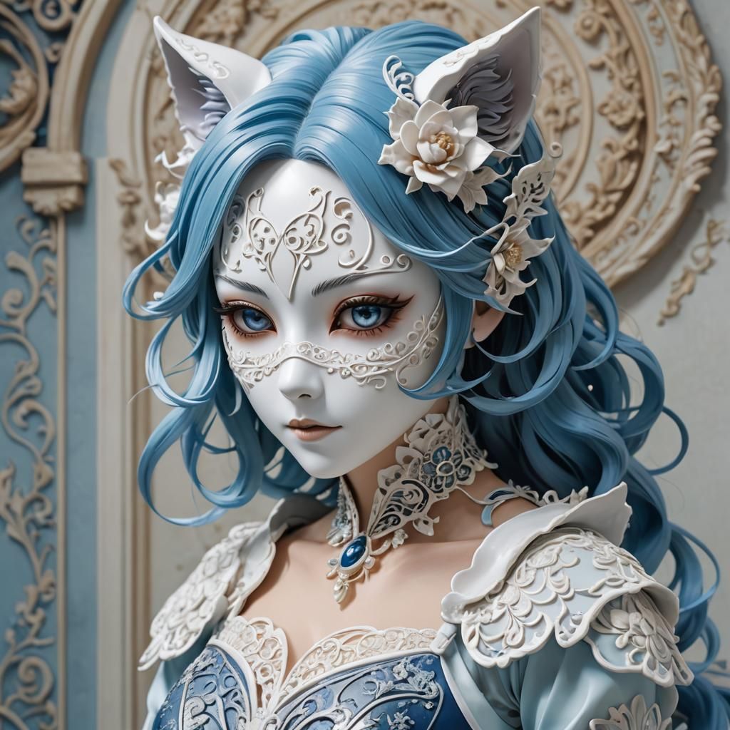 Catgirl Royalty in Ceramic Mask: 3D Anime Art