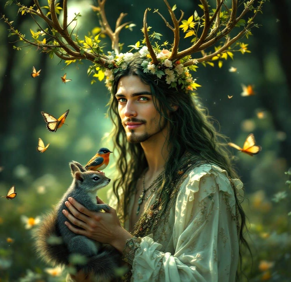 Ethereal God of the Forest in Whimsical Fantasy Landscape