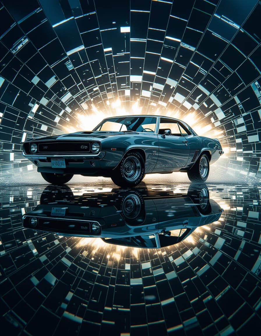Chrome Muscle Car Reflection in Shattered Glass