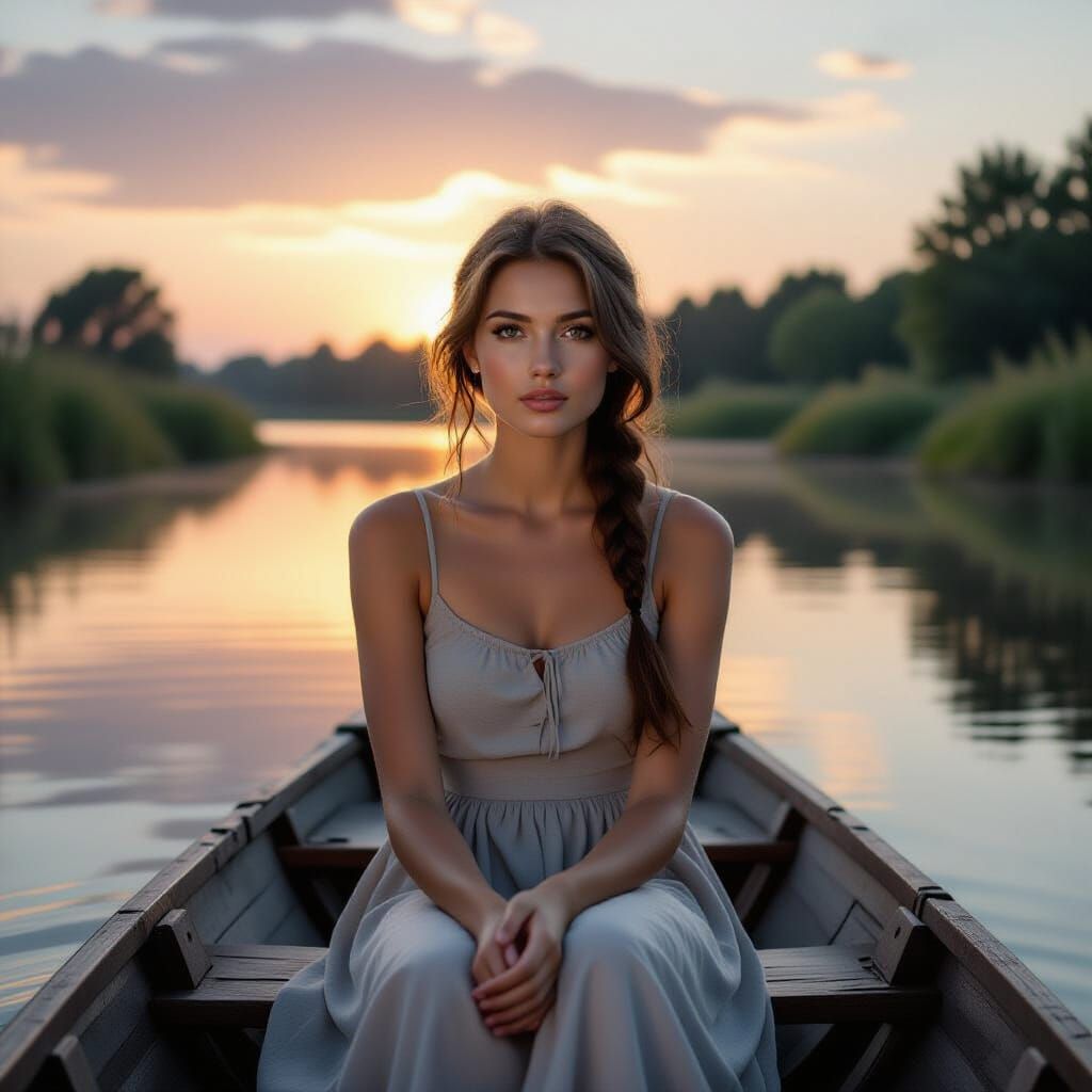 Village Woman in Boat at Dawn: Ultra-Realistic Photo