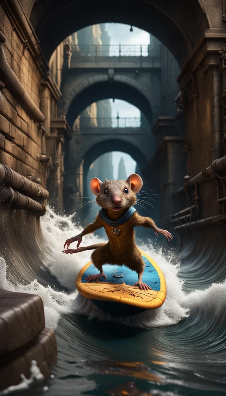 A mongoose surfing waves in the sewers with a rat.