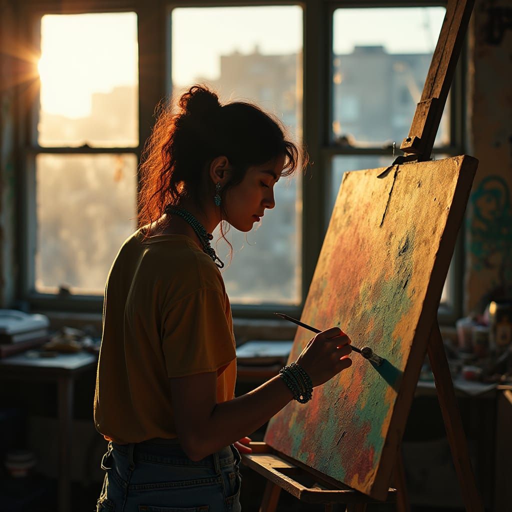 Hyperrealistic Photo: Woman Painting in Sunlit Studio