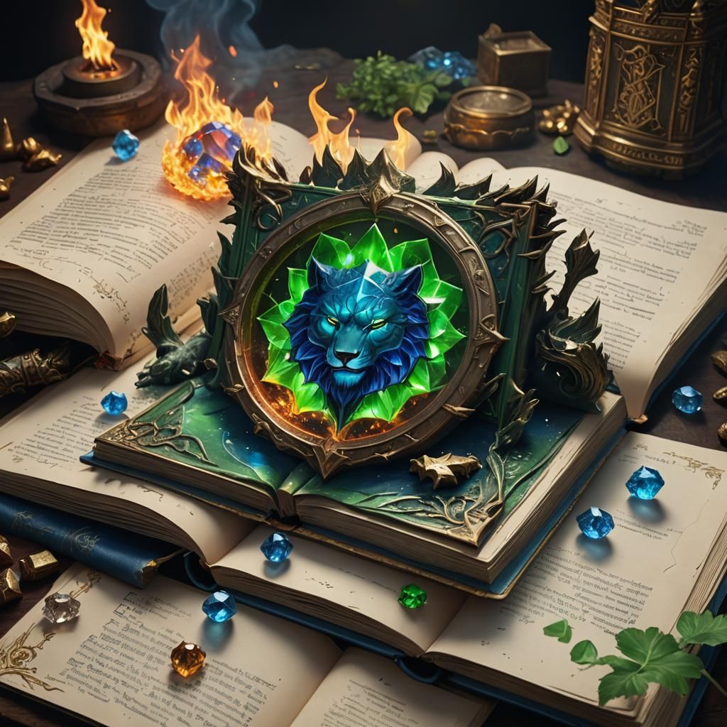 Fire Crystal Book with Lion and Wolf, Detailed Matte Paintin...