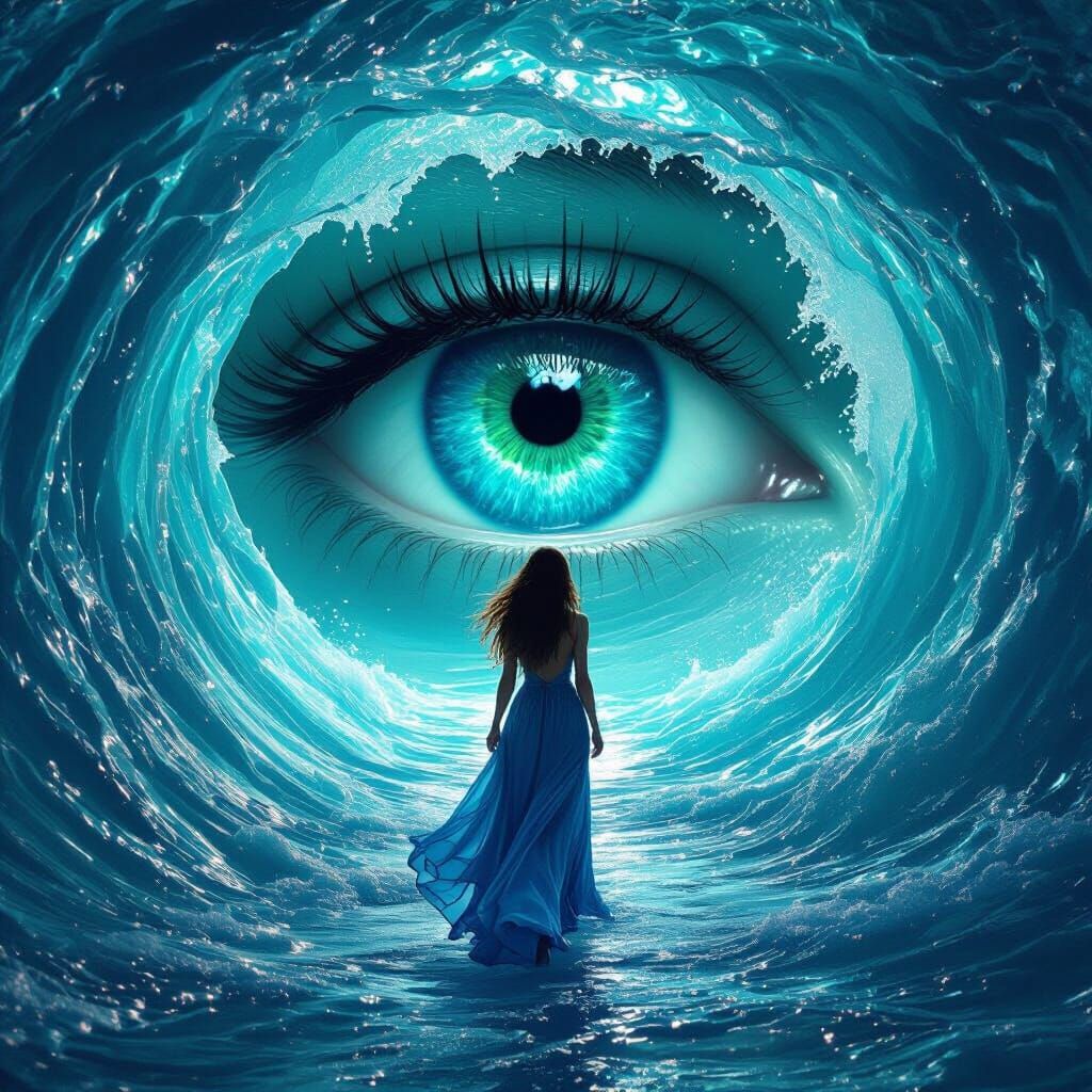 Surreal Ocean Tunnel with Giant Eye and Woman