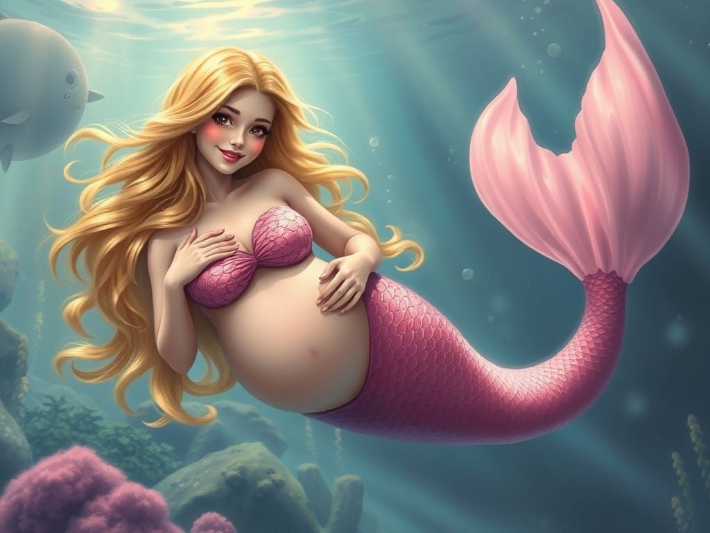 Sensual Pregnant Mermaid in a Vibrant Ethereal Fantasy Scene