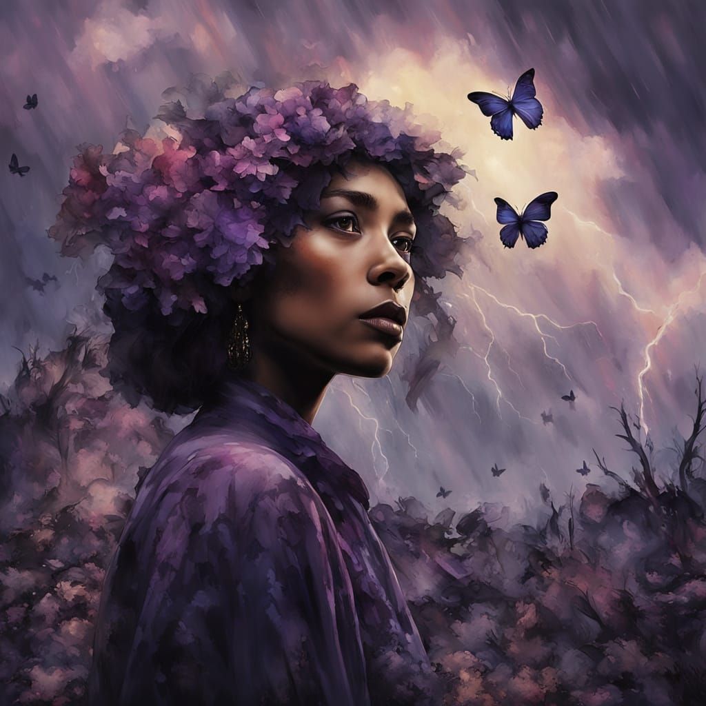 Melancholic Woman Portrait: Surreal Garden in War-Torn City