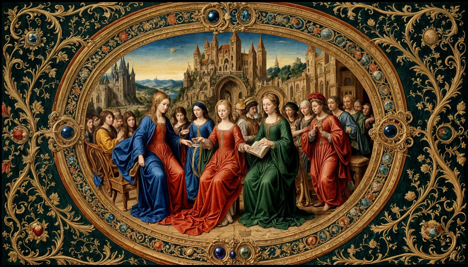 Regal Space Travel Tapestry in Flemish Style with Medieval F...