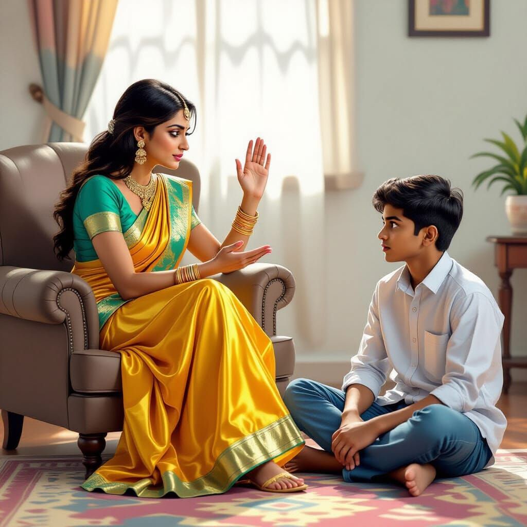 Serious Indian Woman About to Slap Nephew in Detailed Art